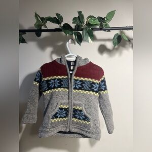 Kids Gray Knit Cardigan with Red and Blue Patterns
